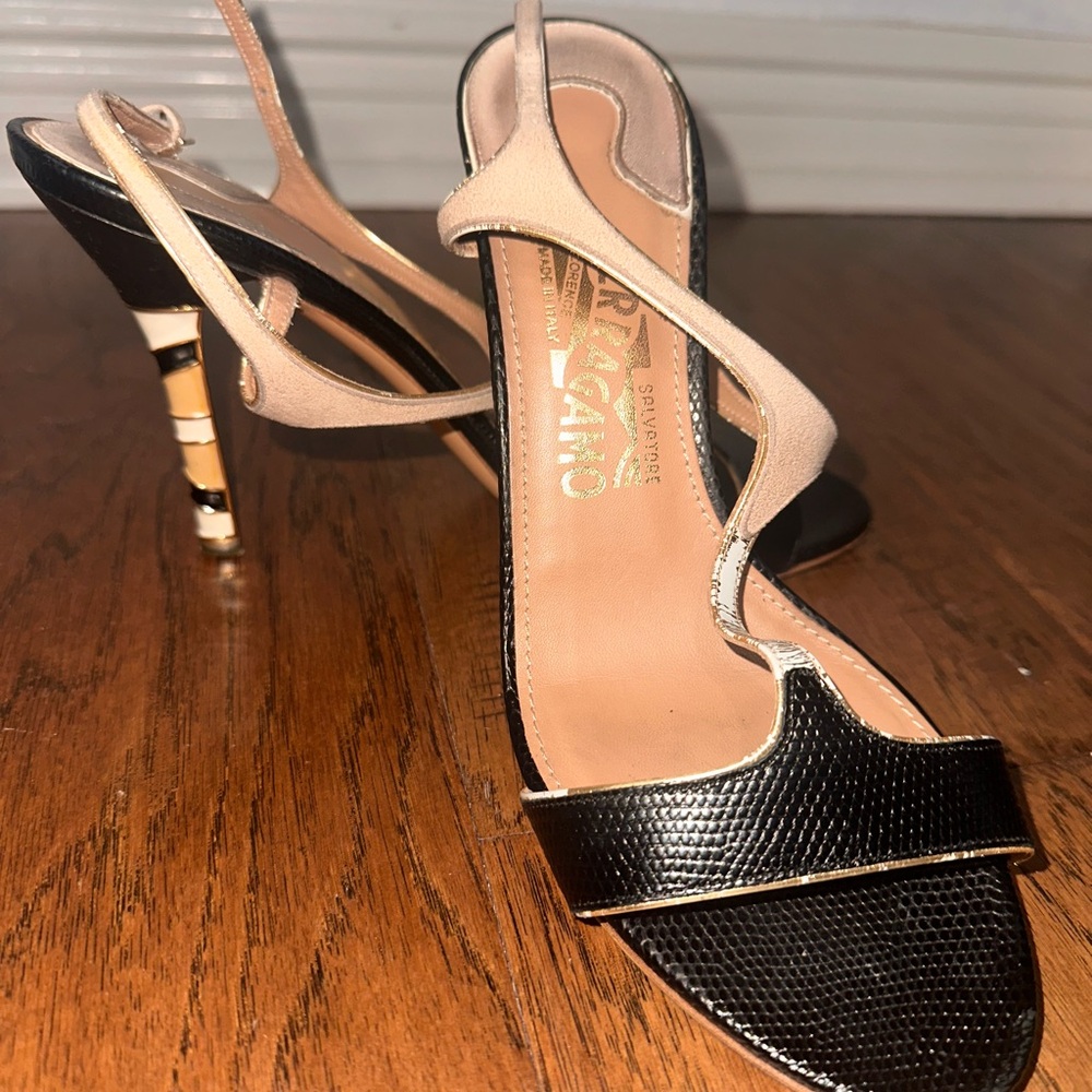 Salvatore Ferragamo Black and Gold Strappy Heels